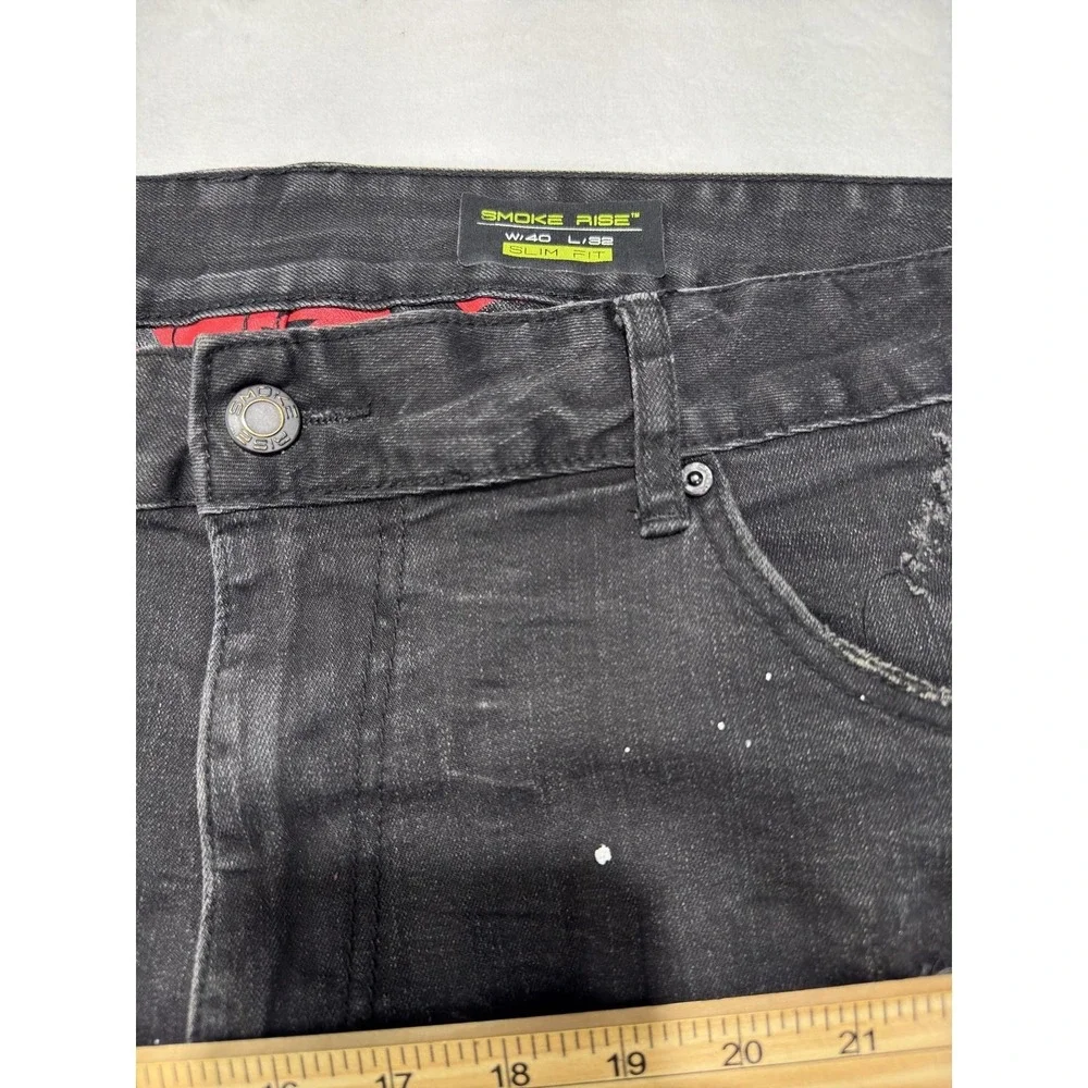 Smoke Rise Jeans Mens 40x32 Charcoal Denim Slim Distressed Paint Splatter